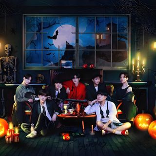 a group of people sitting around a table in front of pumpkins and jack - o'- lanterns Bts Halloween Laptop Bts Pumpkin Painting, Bts Pumpkin Carving, Halloween 1978 Bts, Bt21 Halloween, black