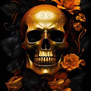 a skull with flowers on it's head and leaves around the face, in gold Black And Gold And Orange Halloween Colorful Skull Art, Sugar Skull Artwork, Skull Art Drawing, Gothic,