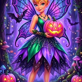 a fairy holding a pumpkin in her hands Tinkerbell Halloween dark slate blue