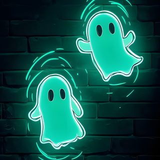 two ghost shaped neon signs on a brick wall Halloween - Ghost Mood - Aqua Cool Ghost, Cute Green Ghost, Blue Ghost, Green Ghost, Neon Ghost Drawing, black
