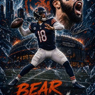 the chicago bears'bear down poster is featured in front of an image of a football player Chicago Bears Halloween Chicago Bears, Michael Jordan Art, Chicago Bears Logo, Chicago Bears Football, black