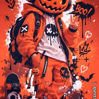 a kid dressed up as a pumpkin with headphones on and holding a skateboard Cool Boy Halloween Halloween Street, Mens Halloween Costumes, Scenery, Phone Backgrounds, Halloween Diy, brown