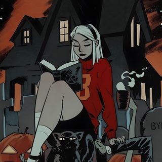 a woman sitting on top of a black cat in front of a house with pumpkins Show Me Halloween Bd Pop Art, Sabrina Witch, Halloween Backgrounds, Halloween Tattoo, dark slate gray
