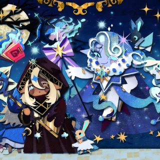 an image of a painting with many things in the sky and stars around it, including a wizard Crk Halloween Milk Cookies, Cookie Run, dark slate gray