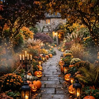a pathway with pumpkins and candles on it Halloween Pumpkin Path dark olive green