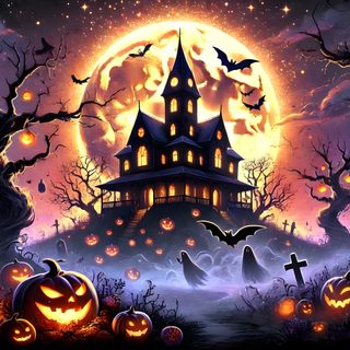 a halloween scene with pumpkins and bats Halloween Cave Halloween, Halloween Landscape, Halloween Laptop Hd, dark slate gray