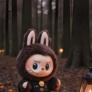 a stuffed animal is sitting next to a lantern in the woods with leaves on it Halloween Labubu Halloween, Flickering Candles, High Quality, Pointed Ears, Spooky Designs, dark slate gray