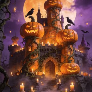 a castle with pumpkins and candles in front of it Vintage Halloween- Bobcats Castle dark slate gray
