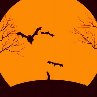bats flying in front of an orange moon with trees silhouetted against the dark background Halloween Cute Bats Silhouette black
