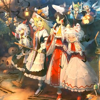 several anime characters standing in front of a tree Touhou Halloween Touhou 13, Touhou Halloween, Touhou Hag, Touhou Project Witch, Touhou Magic, dim gray