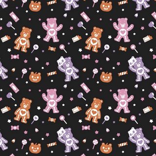 a black background with teddy bears and hearts on it's side, all in different colors Halloween Care Bear Scare Bears, Aesthetic Halloween Care Bear, Care Bears Halloween Background, black
