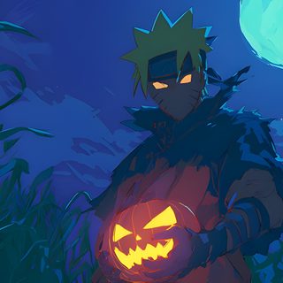a cartoon character holding a pumpkin in front of a full moon and grass field at night Naruto Halloween 4k Desktop, Glow Pumpkin, Anime Halloween, Pumpkin Lights, Spooky Pumpkin, dark slate gray