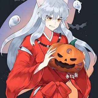 an anime character holding a pumpkin in front of a full moon Inuyasha Halloween Inuyasha Halloween, Inuyasha Witch, Inuyasha Birthday, Inuyasha Happy New Year, sienna