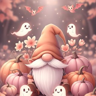 an image of a gnome surrounded by pumpkins and ghost's in the background Halloween Gnome Ideas Halloween Gnome Iphone, Halloween Gnome Ideas, Cute Gnome Backgrounds, rosy brown