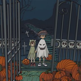 two children dressed up in halloween costumes are walking through a gated area with pumpkins Digimon Halloween Digimon Background Art, Digimon Fanart, Digimon, Digimon Halloween, dark slate gray