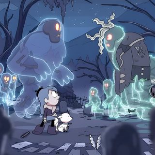an animated scene with many people in the background and ghost like figures on the ground Ducktales Ghosts Of Halloween Hilda Background Images, Ducktales Ghost, Hilda Monsters, dark slate blue
