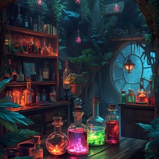 an image of a room with plants and bottles on the table in front of it Halloween Potion Witchy, Storybook Art, Magical Art, Cool Art, Halloween, Dreamy Art, dark slate gray