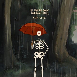 a skeleton holding an umbrella standing in the rain Halloween Iphone Skeletons Moving Animation, 1924 Reels, Under The Circumstances Animation, dark slate gray
