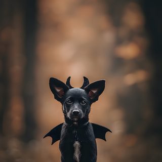 a black dog sitting in the middle of a forest Halloween Dog Hd Halloween, Halloween Bat Dog, Dog Dressed Up For Halloween, Halloween Dog, dark slate gray
