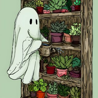 a book shelf filled with potted plants and a ghost holding a cloth over it's mouth Halloween Plant Plant Party, Ghost World, Perry The Platypus, Plant, Ghost, Digital Art, gray