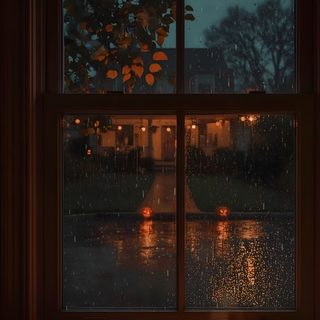 a halloween pumpkin sitting on top of a bed in front of a window at night Rainy Halloween Night Sky November, Autumn Magic, Halloween Iphone, Nature Art Painting, Autumn Scenery, black