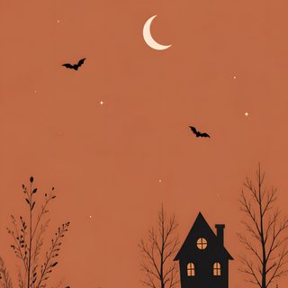 a halloween scene with a house and pumpkins Minimal Halloween Fall Spooky, Halloween Iphone Aesthetic, Minimalist Halloween, Halloween, indian red
