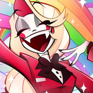 an animated cat with a red suit and bow tie, standing in front of a rainbow colored background Happy Halloween Charlie Charlie Pfp Hazbin, Pilot Charlie Pfp, Multifandom Icon, dark salmon