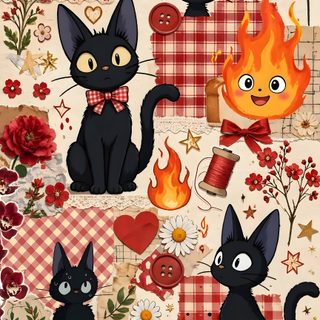 an image of cats on a table cloth Ghibli Halloween peru