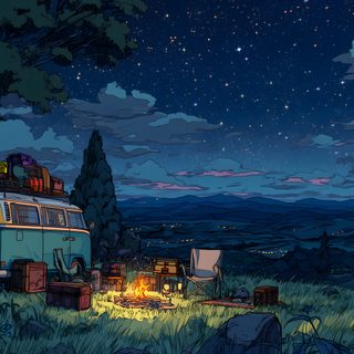 a camper van parked in the middle of a field at night Lofi Halloween Desktop Chill Background For Pc, Sinchan, Disney Princess Quotes, Tablet, midnight blue
