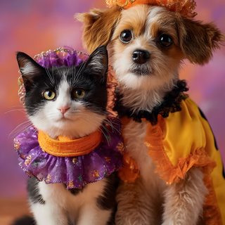 a dog and cat dressed up for halloween sitting next to each other in front of a purple background Cute Dog And Cat Halloween sienna