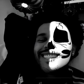 a black and white photo of a man with his face painted like a skeleton holding a pumpkin The Weeknd Halloween The Weeknd Themed, Darth Vader, Xo Weeknd Emoji, Face Makeup, The Weeknd Skull, black