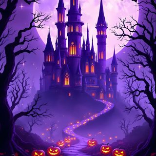a halloween castle with pumpkins in the foreground and a full moon in the background Halloween Purple And Orange Purple Halloween Background, Disney Castle Halloween, Purple Halloween, indigo