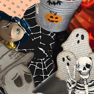 a collage of halloween images with pumpkins and skeletons Halloween Junk dim gray