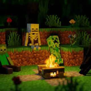 an image of a fire pit in the middle of a minecraft village at night Minecraft Halloween How To Build A Minecraft Campfire, Minecraft Camping Ideas, Minecraft Character Gathering, black