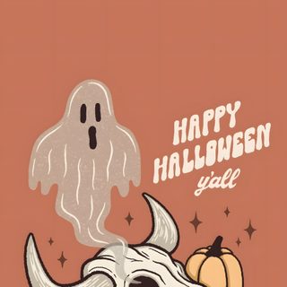 a happy halloween card with a skull, pumpkins and a ghost on the front Country Halloween Halloween Iphone Aesthetic, Country Halloween Backgrounds, Country Fall, indian red