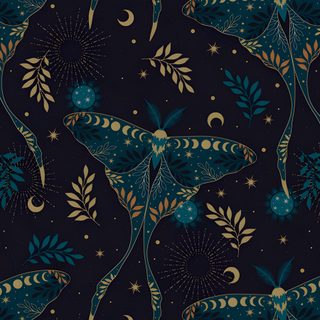 a blue and gold wallpaper with stars, leaves and moon shapes on black background Halloween Moth Vintage Dark Teal Aesthetic, Witchy Summer Background, Silk Moth, Moth Ipad, black