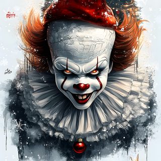 a creepy clown wearing a santa hat and red hair Halloween Santa Claus Horror Christmas, Christmas Horror, Scary Christmas, Pennywise Christmas, silver