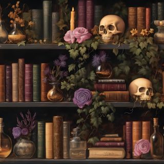 there are many books and vases on the shelves with flowers, skulls and candles Halloween Bookshelf Witchy Pc Background, Cover Pics, Computer, Witchy Desktop, dark slate gray