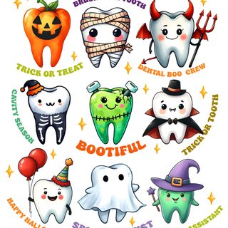 a group of cartoon toothbrushes with halloween characters on them and words written below Dental Halloween Desktop white