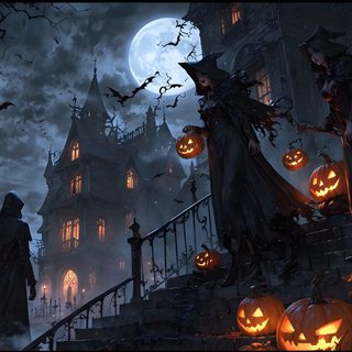 a halloween scene with pumpkins on the steps Halloween Village 4k dark slate gray