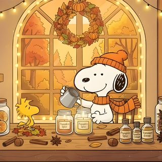 a cartoon dog is standing in front of jars with nuts and pumpkins on the table Snoopy Halloween Laptop Candle Workshop, Autumn Candle, Cute Laptop, Tablet, Iphone Disney, Halloween, peru