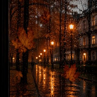 rain falling on the ground and leaves in front of a window with street lights behind it Rainy Halloween Night Sky black