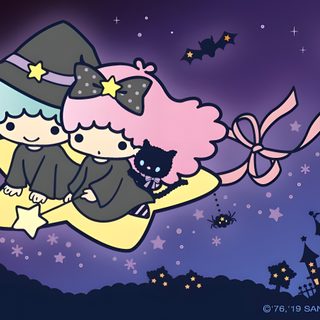 two cartoon witches flying in the night sky Little Twin Stars Halloween Sanrio Halloween Laptop, Kiki And Lala Halloween, San X Halloween, dark slate blue