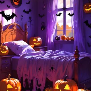 a bedroom decorated for halloween with pumpkins on the bed Halloween Room Spooky House, Spooky Mansion, Spooky Halloween Room, Haunted House For Bedroom, dark slate gray
