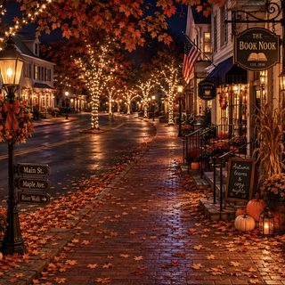 a city street with fall foliage on the ground and lights strung up all around it Autumn Halloween 4k Fall Desktop, Fall Mac Book Aesthetic, Autumn Mac, Fall Mac, saddle brown