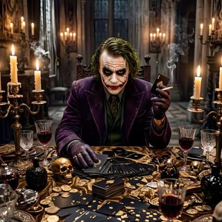 the joker is sitting in front of a table with candles and place settings on it Joker Halloween Joker Money, Joker Villain, Heath Ledger Joker Quotes, Grand Theft Auto Artwork, black