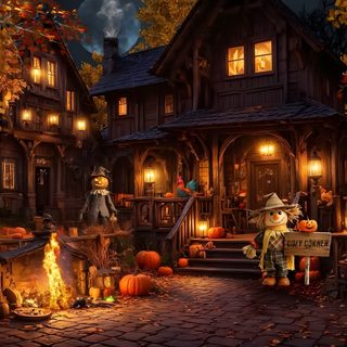an animated halloween scene with pumpkins and witches in front of a house at night Halloween Village For Pc Cute Pictures, Pc Halloween, Pc, Cozy Halloween Desktop, maroon