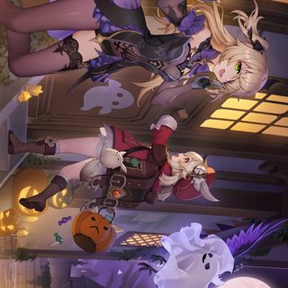 an animated halloween scene with pumpkins, ghost and witches flying in the air above Halloween Genshin Fischl Christmas, Fishel Genshin Impact Official Art, Fischl Official Art, dark olive green