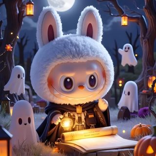 a little bunny is sitting in the grass with some pumpkins and ghost's around him Halloween Labubu Cute Halloween Panda, 3d Puffy Halloween, Pumpkin Rabbit, Labubu Pumpkin Painting, dim gray