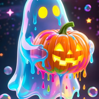 a halloween ghost with a pumpkin on it's head and sprinkles all over the ground Rainbow Halloween Galaxy Crafts, Happy Halloween Pictures, Scary Photos, dark slate gray